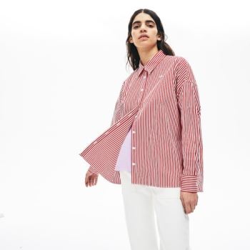 Lacoste LIVE Boxy-Fit Striped Cotton Shirt - Šortky Dámské Bílé / Červené | CZ-7bWd72